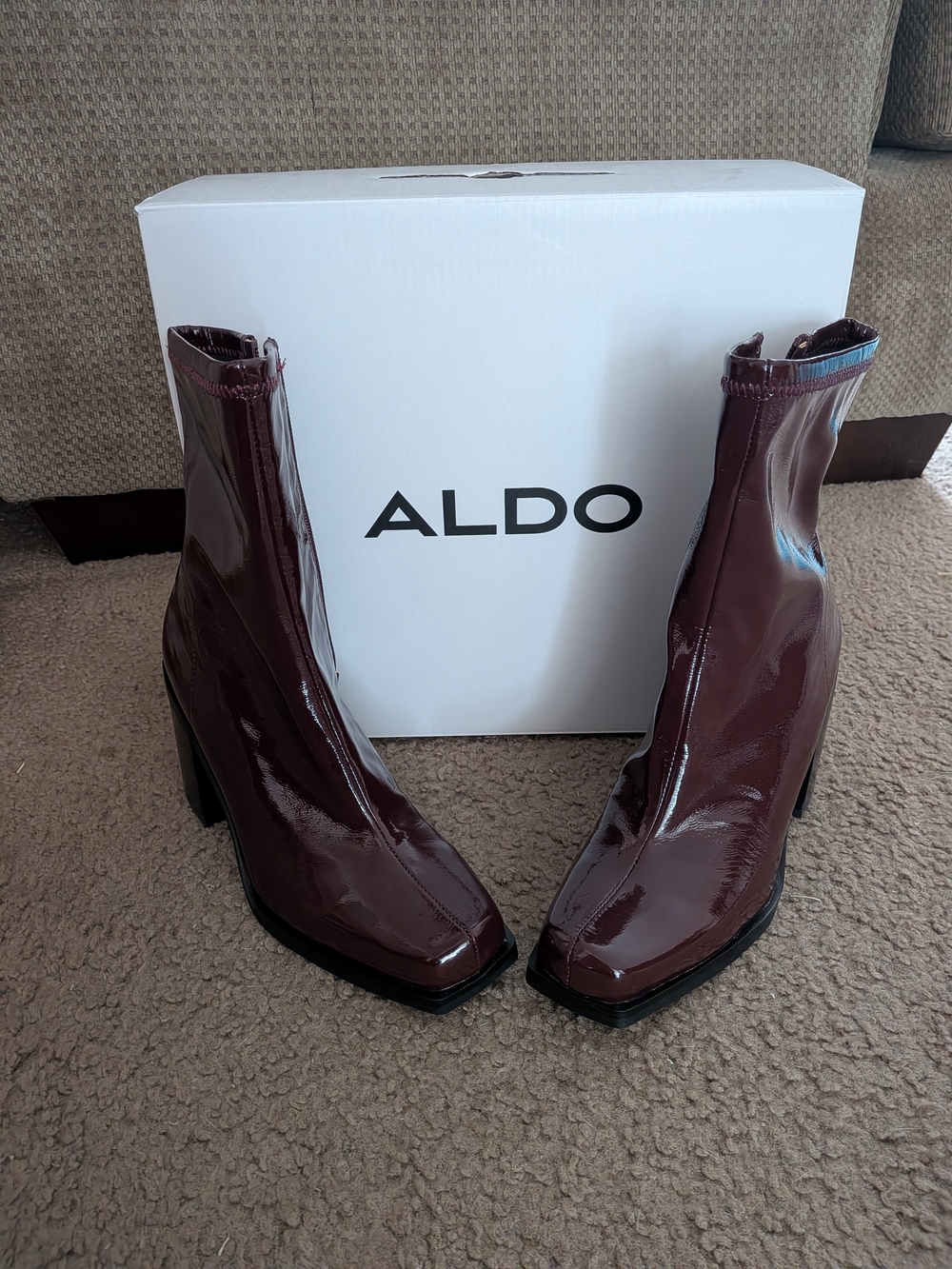ALDO Women's Burgundy Patent Leather Square-Toe Ankle Boots